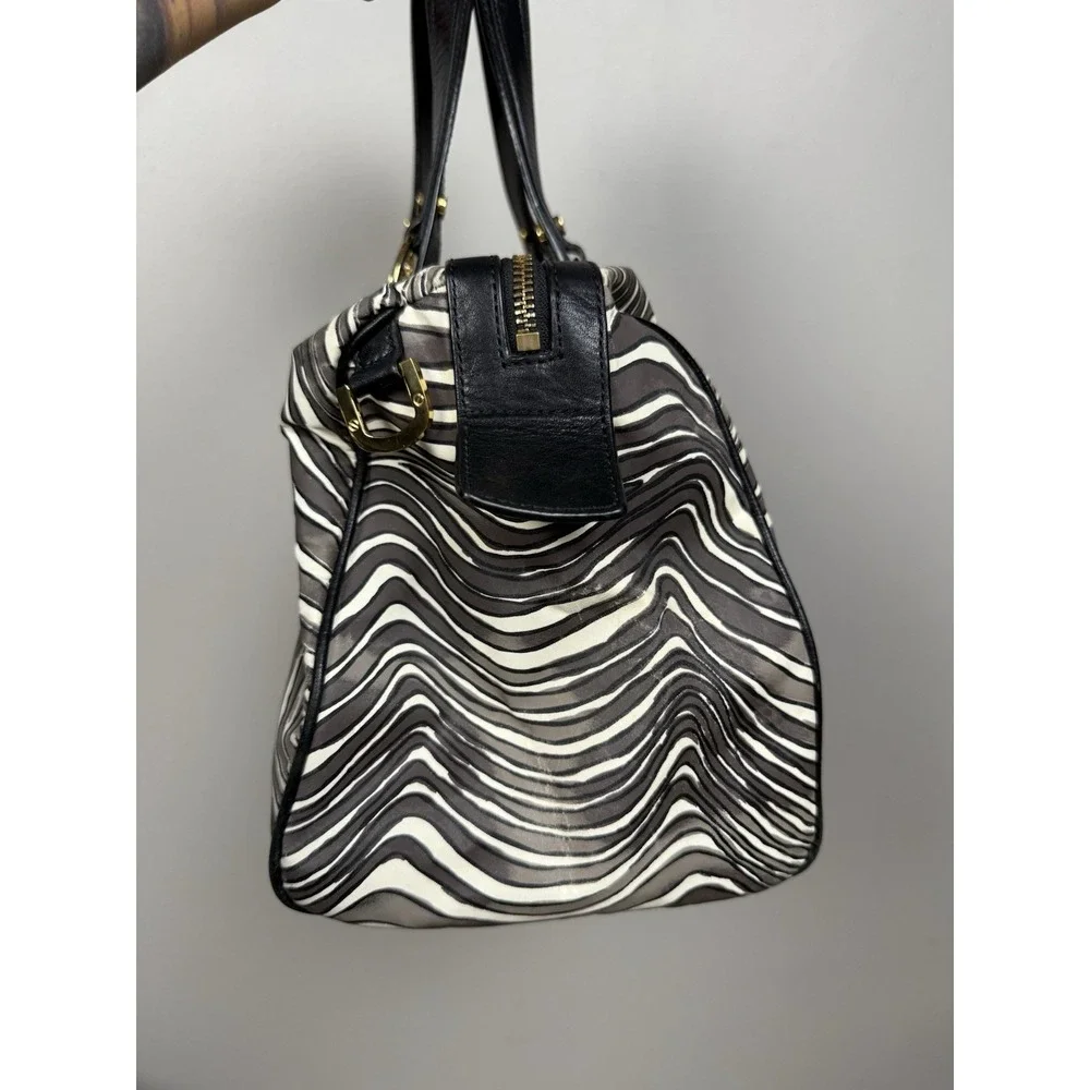 Tory Burch‎ Zebra Stripe Satchel Shoulder Bag Leather Trim Gold Logo Y2K Style